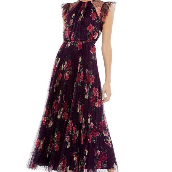 NEW MAC DUGGAL FLORAL RUFFLE FIT & FALE TULLE MIDI DRESS - Picture 1 of 9